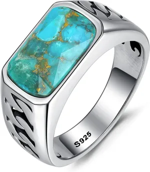 Rectangle Cut Mens Teal Turquoise/Synthetic Black Onyx Rings 925 Sterling Silver Mens Cuban Link Ring Handmade Anillos de Hombre Thumb Ring for Birthday Jewelry Gift Band Width 4.8mm Size 8-12