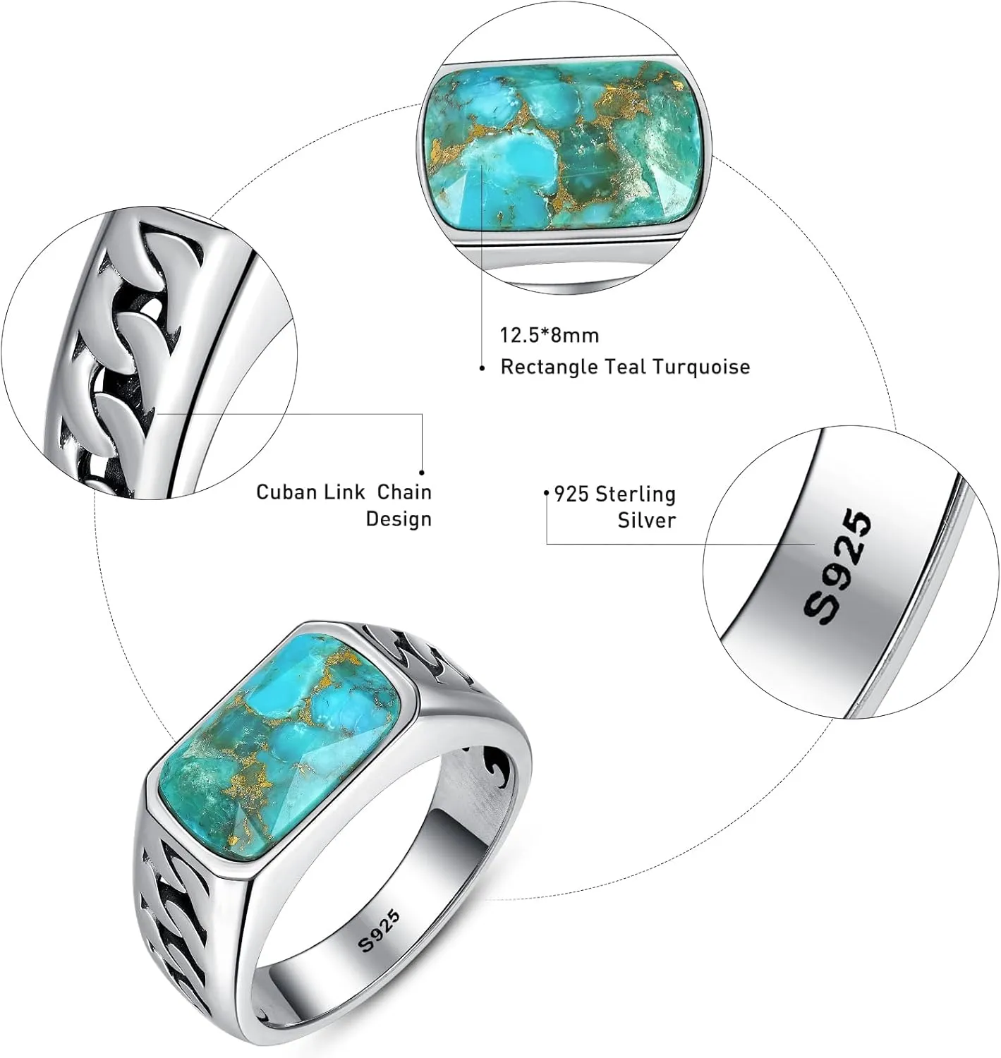 Rectangle Cut Mens Teal Turquoise/Synthetic Black Onyx Rings 925 Sterling Silver Mens Cuban Link Ring Handmade Anillos de Hombre Thumb Ring for Birthday Jewelry Gift Band Width 4.8mm Size 8-12