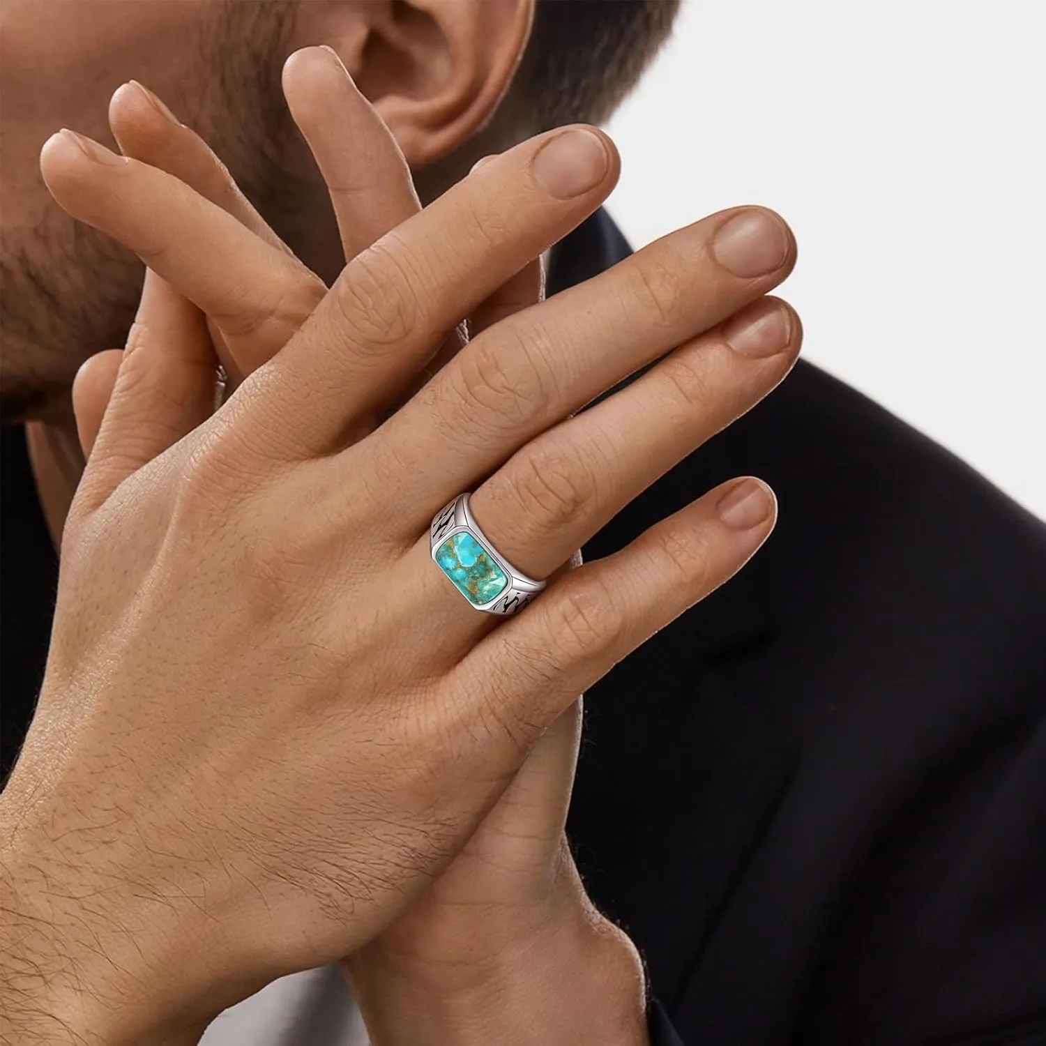Rectangle Cut Mens Teal Turquoise/Synthetic Black Onyx Rings 925 Sterling Silver Mens Cuban Link Ring Handmade Anillos de Hombre Thumb Ring for Birthday Jewelry Gift Band Width 4.8mm Size 8-12