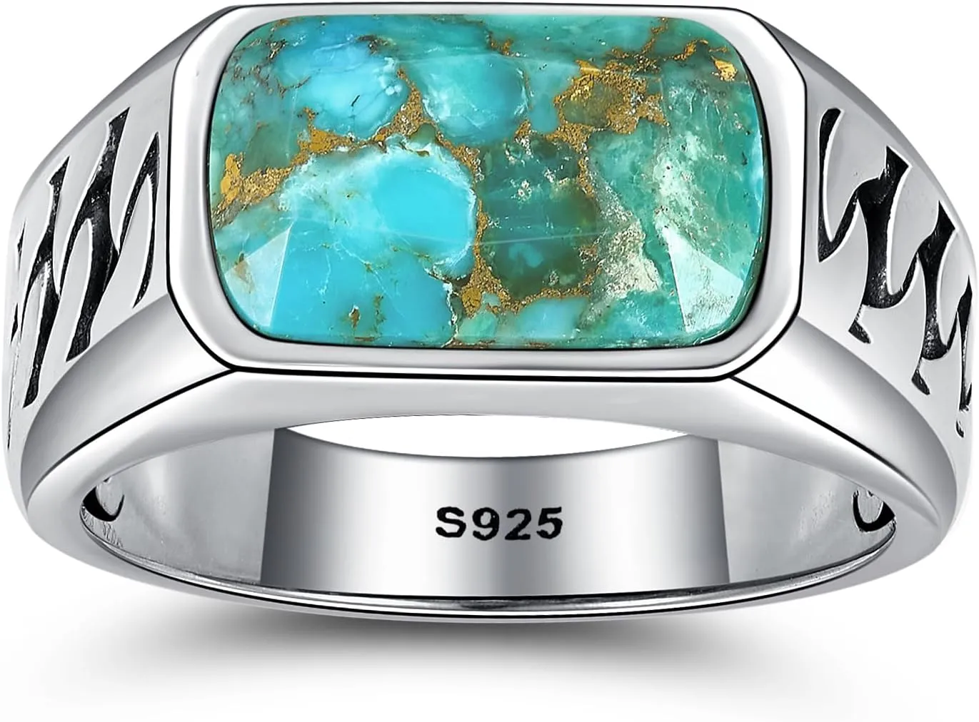 Rectangle Cut Mens Teal Turquoise/Synthetic Black Onyx Rings 925 Sterling Silver Mens Cuban Link Ring Handmade Anillos de Hombre Thumb Ring for Birthday Jewelry Gift Band Width 4.8mm Size 8-12