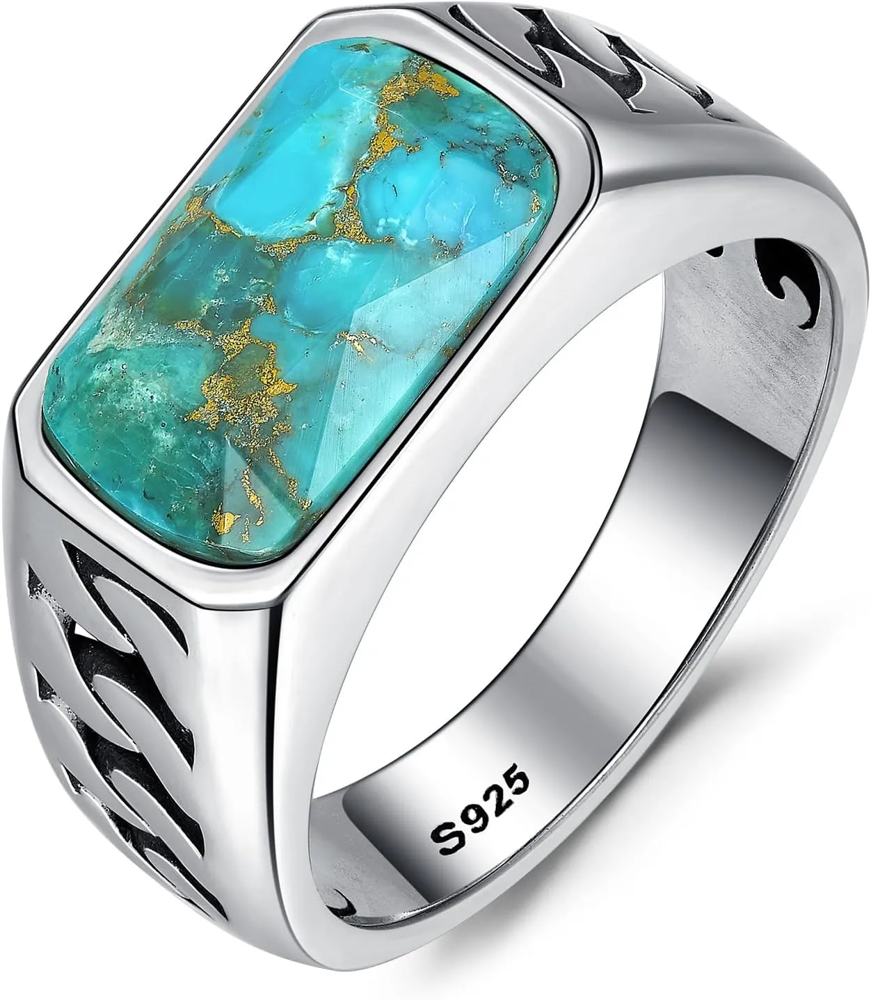 Rectangle Cut Mens Teal Turquoise/Synthetic Black Onyx Rings 925 Sterling Silver Mens Cuban Link Ring Handmade Anillos de Hombre Thumb Ring for Birthday Jewelry Gift Band Width 4.8mm Size 8-12