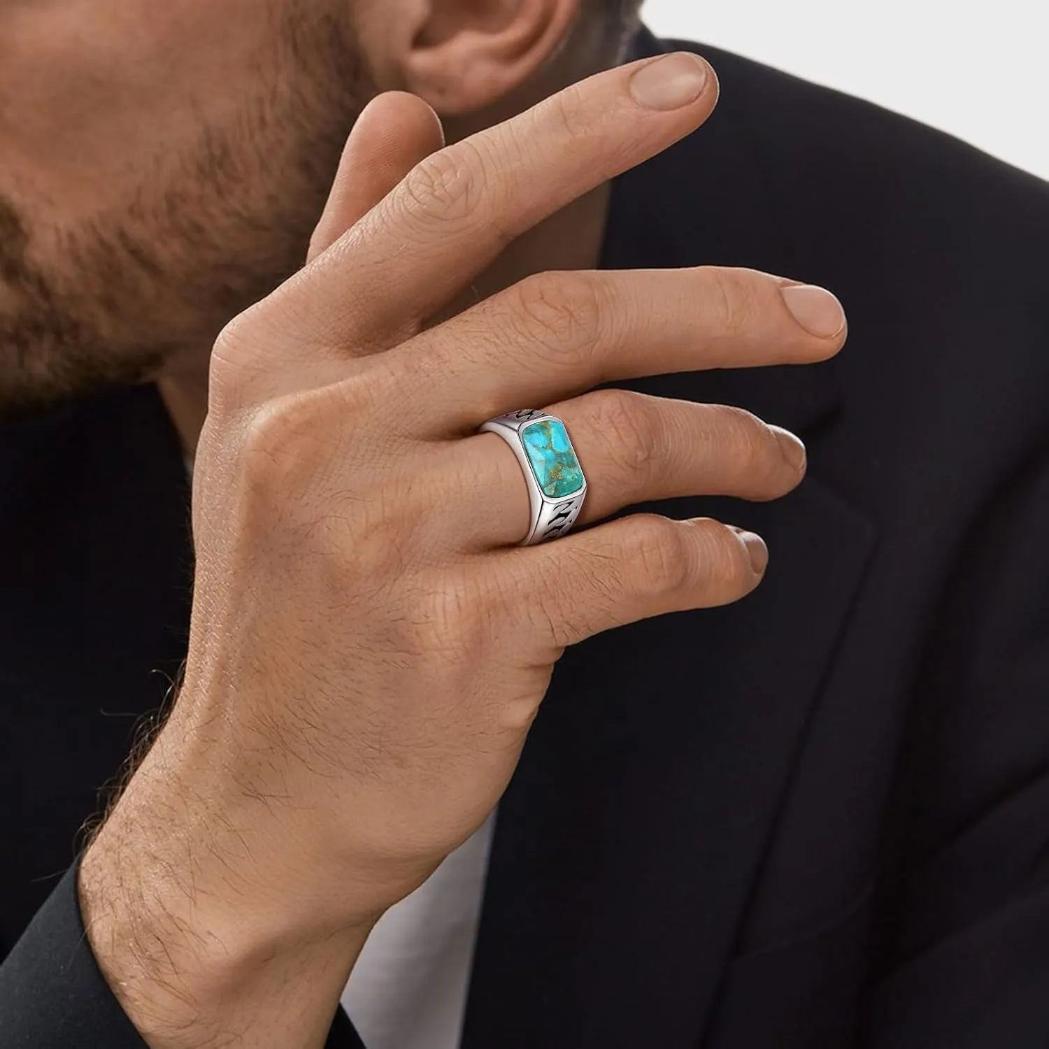 Rectangle Cut Mens Teal Turquoise/Synthetic Black Onyx Rings 925 Sterling Silver Mens Cuban Link Ring Handmade Anillos de Hombre Thumb Ring for Birthday Jewelry Gift Band Width 4.8mm Size 8-12