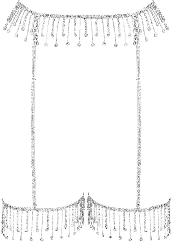 Reetan Glitter Crystal Waist Chains Silver Tassel Thigh Chain Fashion Body Jewelry for Women