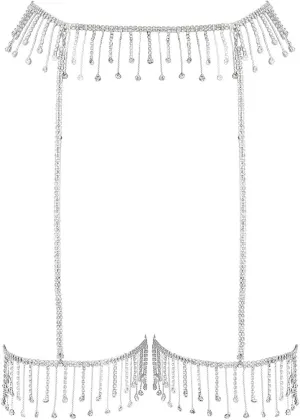 Reetan Glitter Crystal Waist Chains Silver Tassel Thigh Chain Fashion Body Jewelry for Women