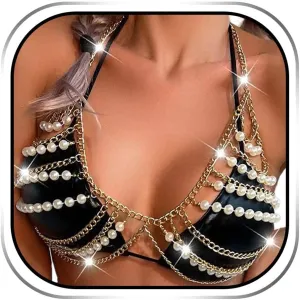 REETAN Pearl Body Chain Bra Gold Chest Jewelry for Women