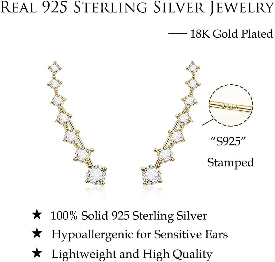 Reffeer Solid 925 Sterling Silver 7 Crystals Cuff Earrings Climber for Women Crawler Earrings Wraps