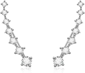 Reffeer Solid 925 Sterling Silver 7 Crystals Cuff Earrings Climber for Women Crawler Earrings Wraps