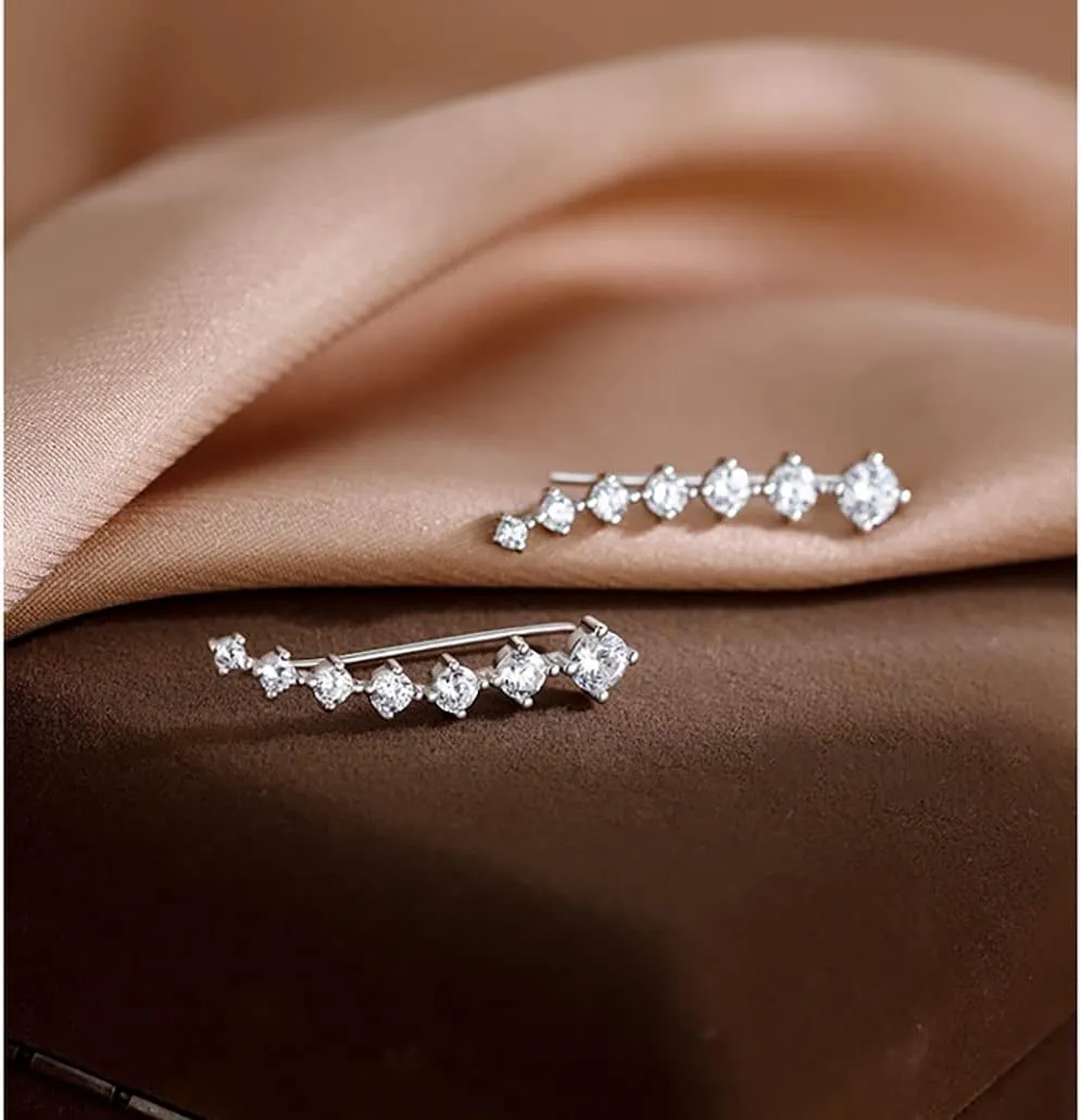 Reffeer Solid 925 Sterling Silver 7 Crystals Cuff Earrings Climber for Women Crawler Earrings Wraps