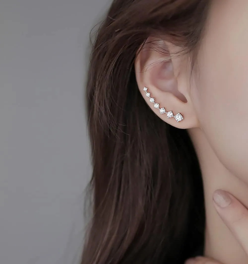Reffeer Solid 925 Sterling Silver 7 Crystals Cuff Earrings Climber for Women Crawler Earrings Wraps