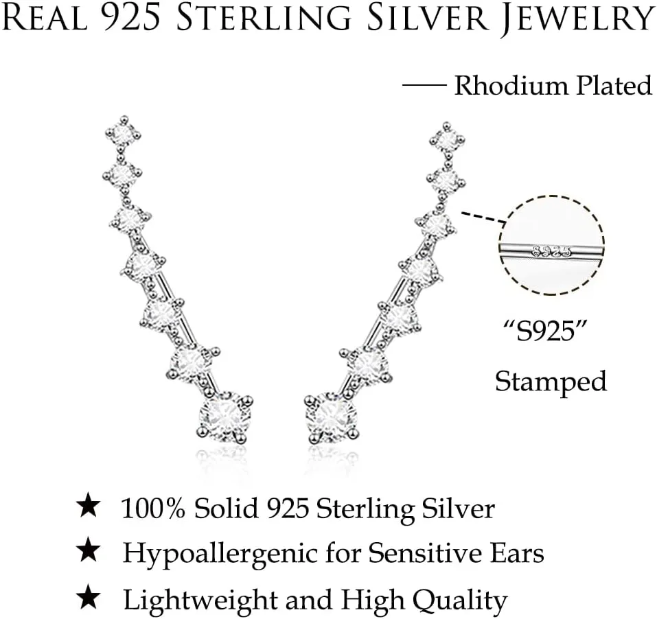 Reffeer Solid 925 Sterling Silver 7 Crystals Cuff Earrings Climber for Women Crawler Earrings Wraps