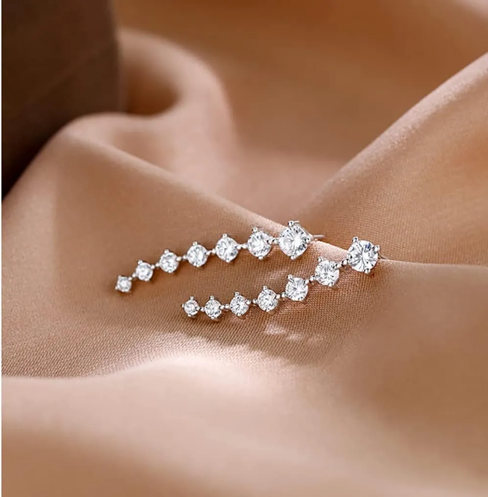 Reffeer Solid 925 Sterling Silver 7 Crystals Cuff Earrings Climber for Women Crawler Earrings Wraps