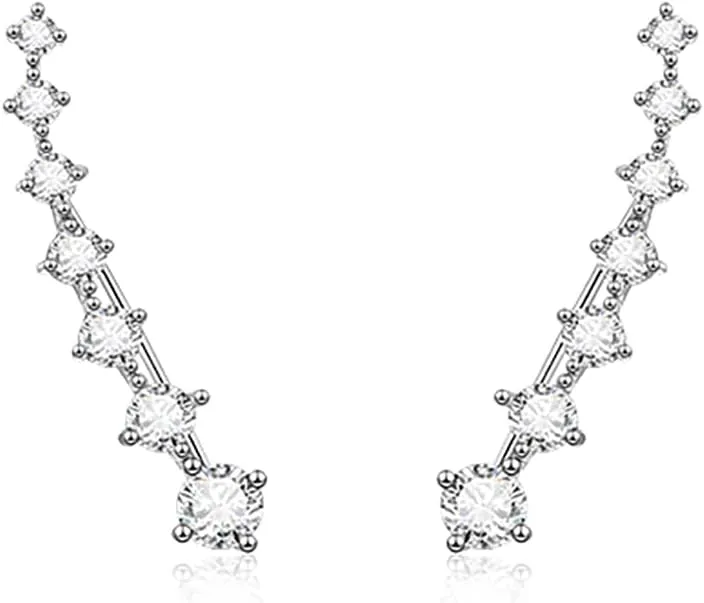 Reffeer Solid 925 Sterling Silver 7 Crystals Cuff Earrings Climber for Women Crawler Earrings Wraps