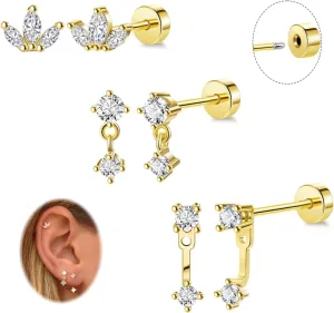 REVOLIA 3 Pairs 14K Gold Plated Threadless Flat Back Earrings for Women Dainty Flower Cubic Zirconia Stud Earrings Push in Cartilage Helix Piercing Jewelry for Sensitive Ears