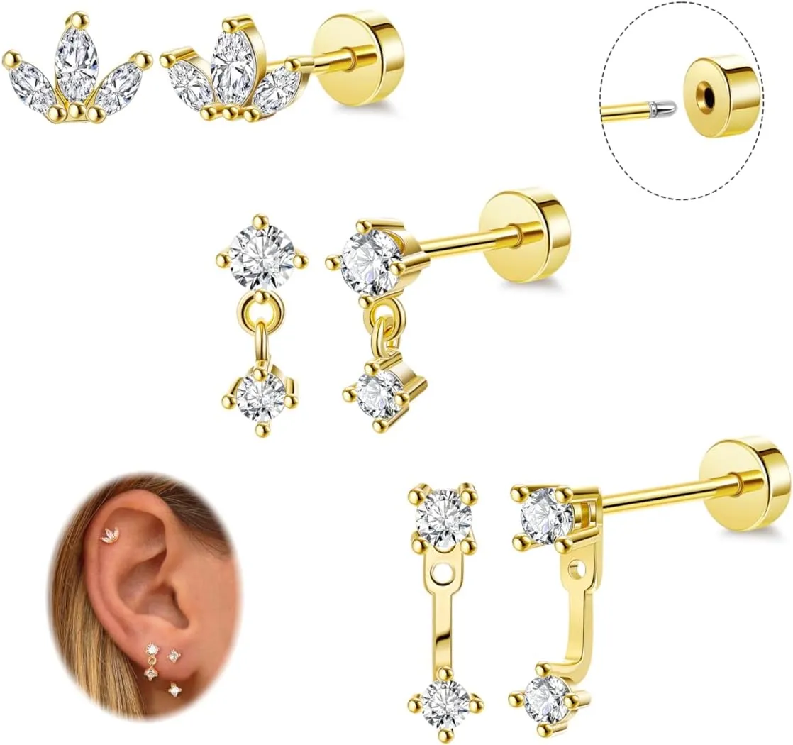 REVOLIA 3 Pairs 14K Gold Plated Threadless Flat Back Earrings for Women Dainty Flower Cubic Zirconia Stud Earrings Push in Cartilage Helix Piercing Jewelry for Sensitive Ears
