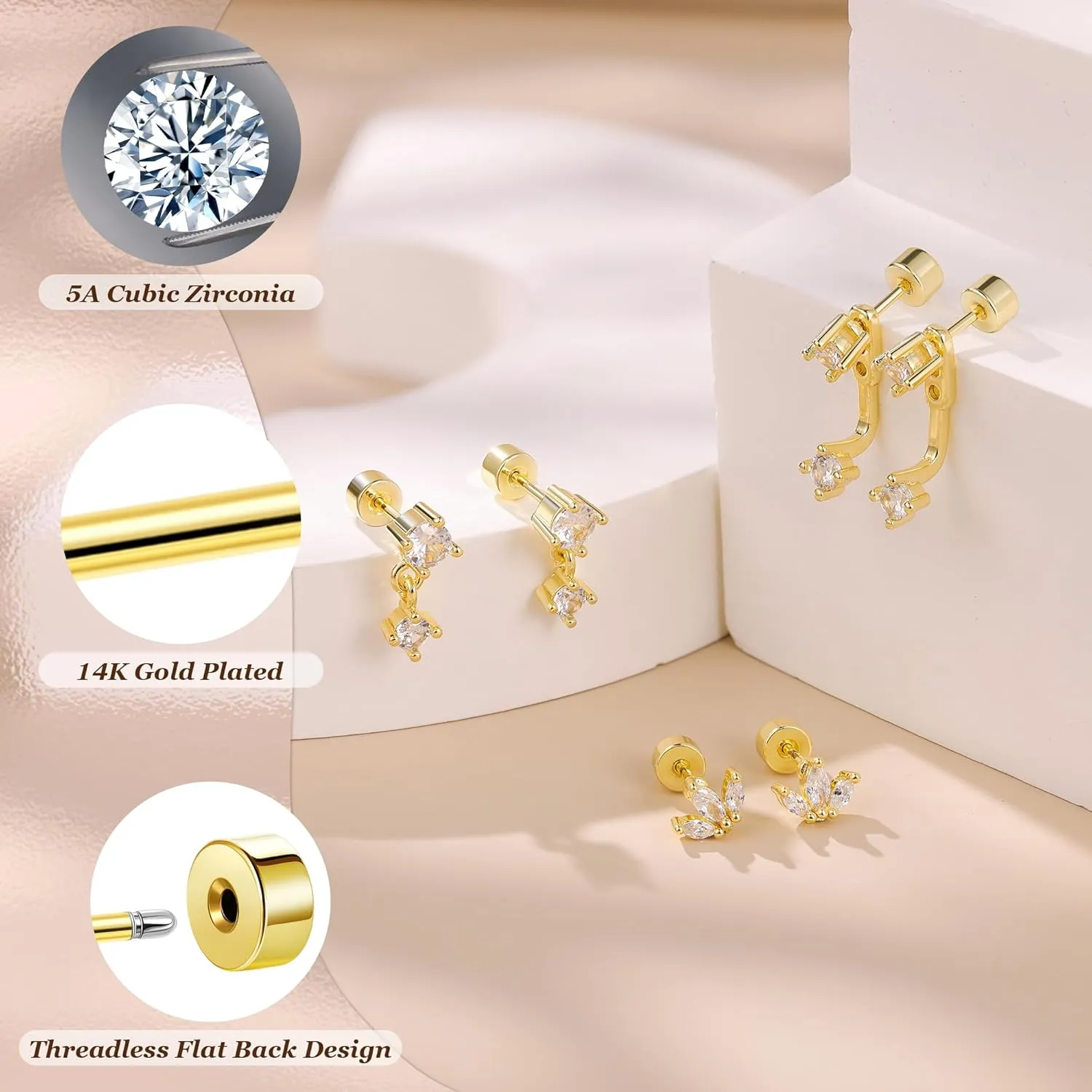 REVOLIA 3 Pairs 14K Gold Plated Threadless Flat Back Earrings for Women Dainty Flower Cubic Zirconia Stud Earrings Push in Cartilage Helix Piercing Jewelry for Sensitive Ears