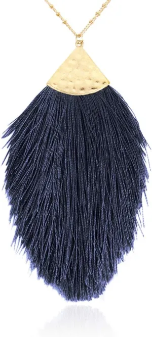 RIAH FASHION Antique Bohemian Silky Thread Fan Tassel Statement Necklace - Vintage Gold Feather Shape Strand Fringe Lightweight Long Chain