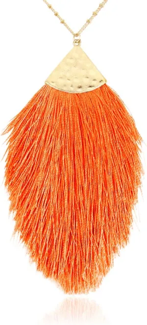 RIAH FASHION Antique Bohemian Silky Thread Fan Tassel Statement Necklace - Vintage Gold Feather Shape Strand Fringe Lightweight Long Chain