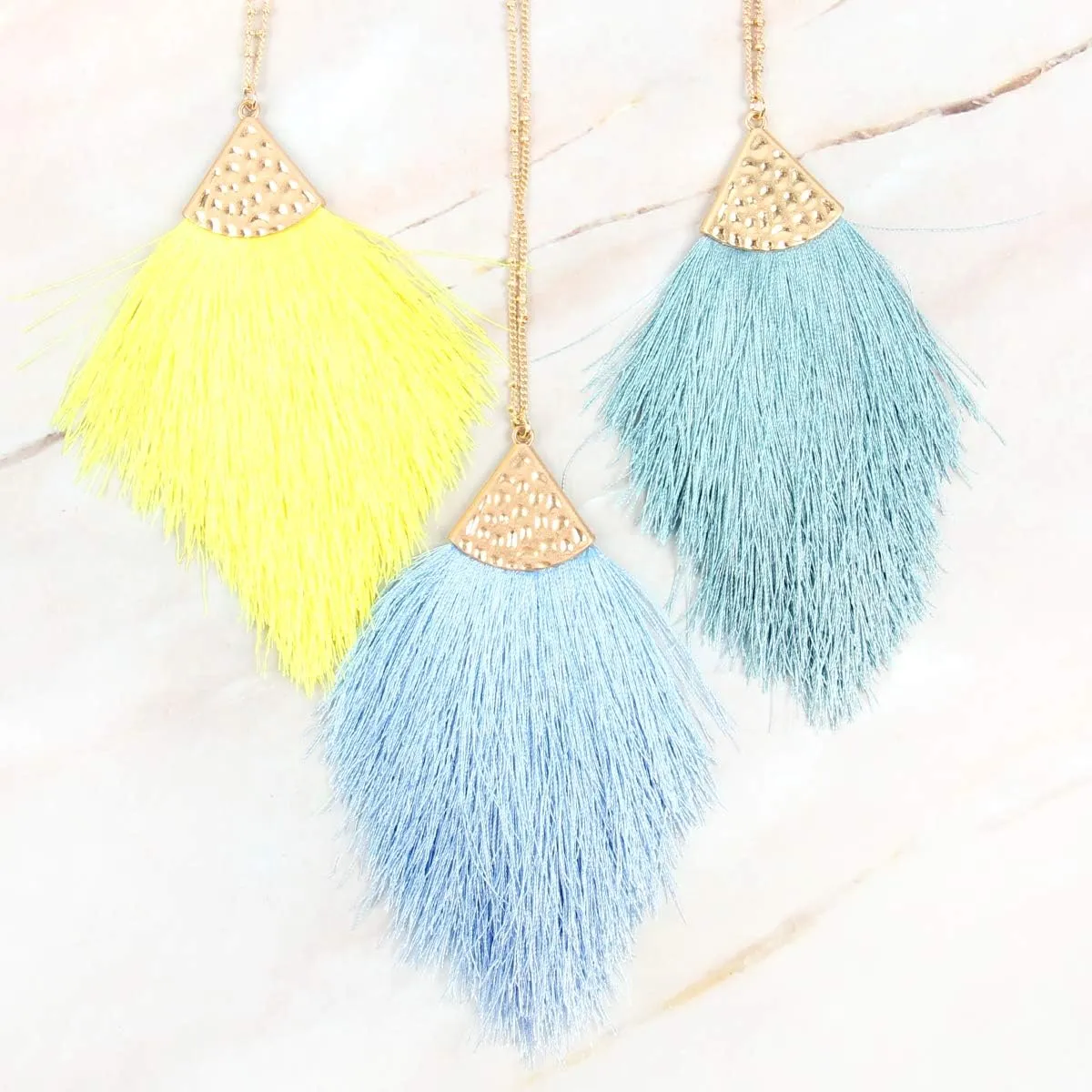 RIAH FASHION Antique Bohemian Silky Thread Fan Tassel Statement Necklace - Vintage Gold Feather Shape Strand Fringe Lightweight Long Chain