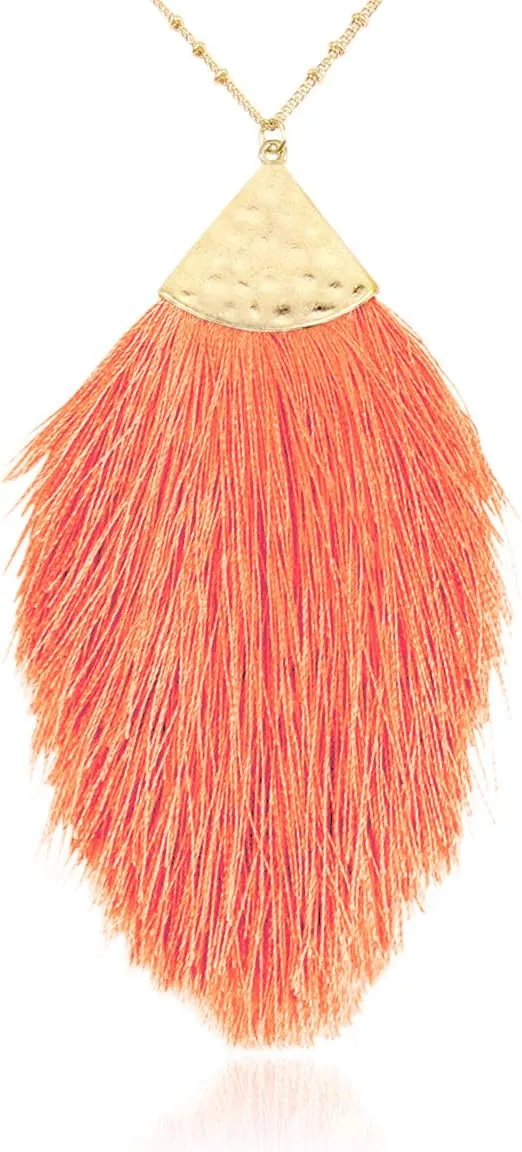 RIAH FASHION Antique Bohemian Silky Thread Fan Tassel Statement Necklace - Vintage Gold Feather Shape Strand Fringe Lightweight Long Chain