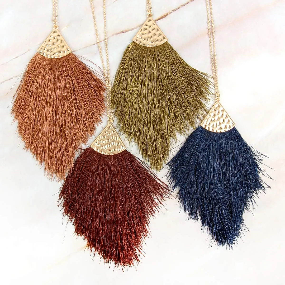 RIAH FASHION Antique Bohemian Silky Thread Fan Tassel Statement Necklace - Vintage Gold Feather Shape Strand Fringe Lightweight Long Chain