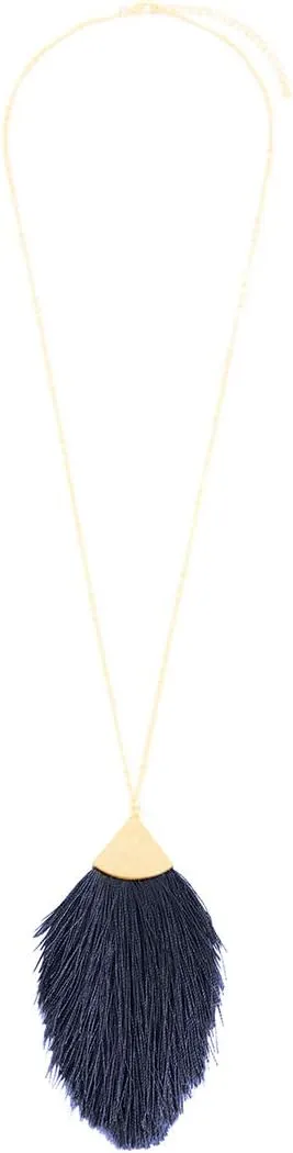RIAH FASHION Antique Bohemian Silky Thread Fan Tassel Statement Necklace - Vintage Gold Feather Shape Strand Fringe Lightweight Long Chain