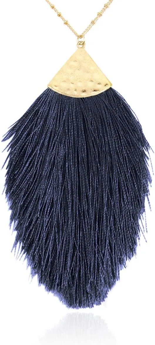 RIAH FASHION Antique Bohemian Silky Thread Fan Tassel Statement Necklace - Vintage Gold Feather Shape Strand Fringe Lightweight Long Chain