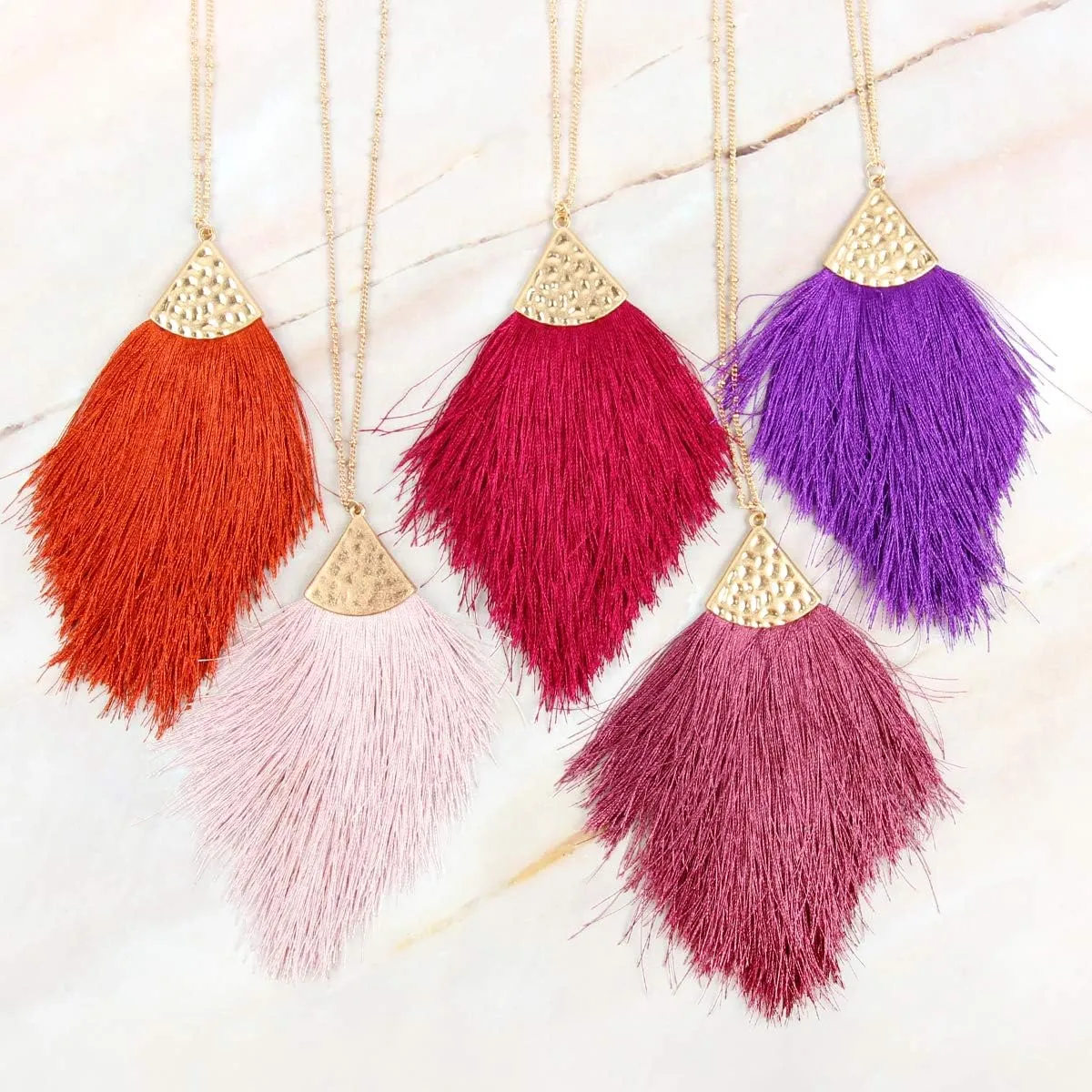 RIAH FASHION Antique Bohemian Silky Thread Fan Tassel Statement Necklace - Vintage Gold Feather Shape Strand Fringe Lightweight Long Chain