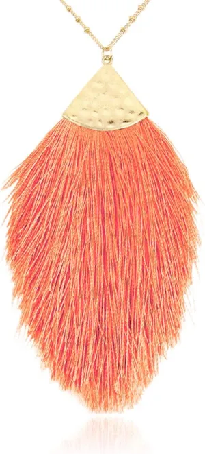 RIAH FASHION Antique Bohemian Silky Thread Fan Tassel Statement Necklace - Vintage Gold Feather Shape Strand Fringe Lightweight Long Chain