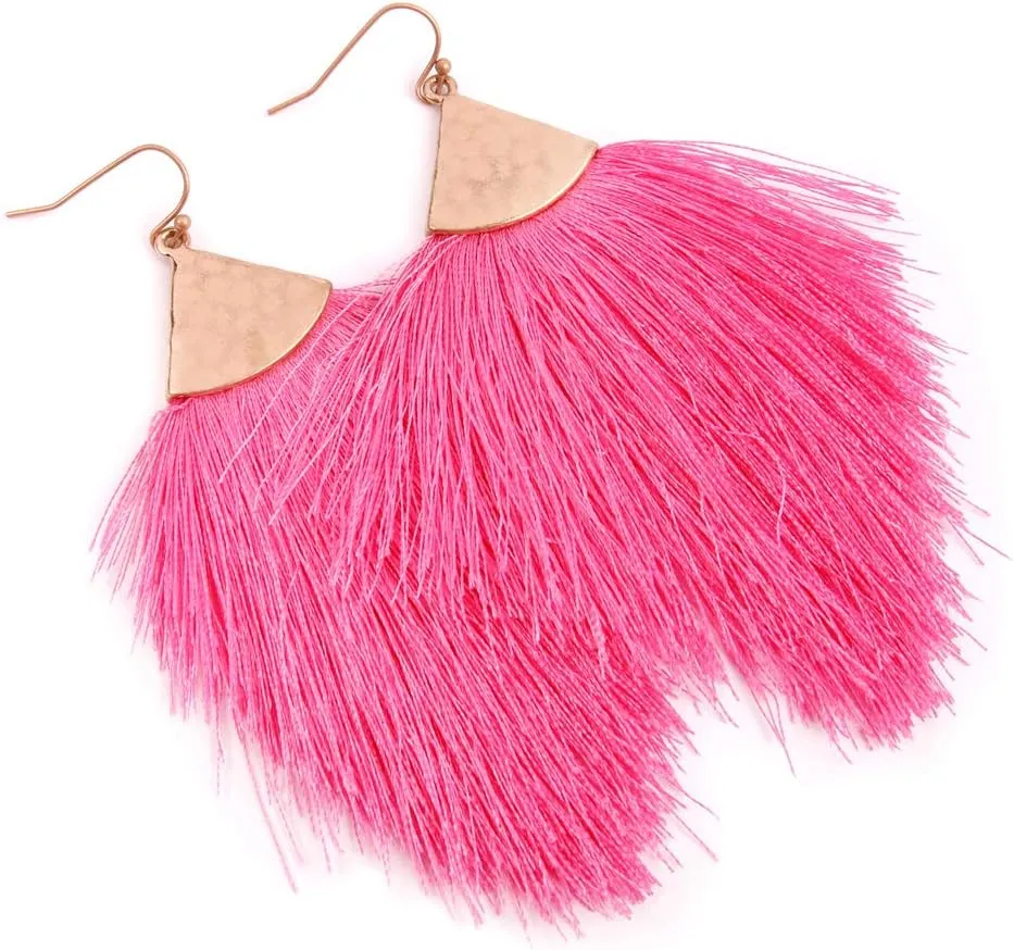RIAH FASHION Bohemian Silky Thread Tassel Statement Drop Earrings - Strand Fringe Lightweight Feather Shape Dangles, Chandelier Duster