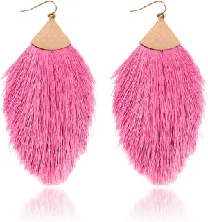 RIAH FASHION Bohemian Silky Thread Tassel Statement Drop Earrings - Strand Fringe Lightweight Feather Shape Dangles, Chandelier Duster