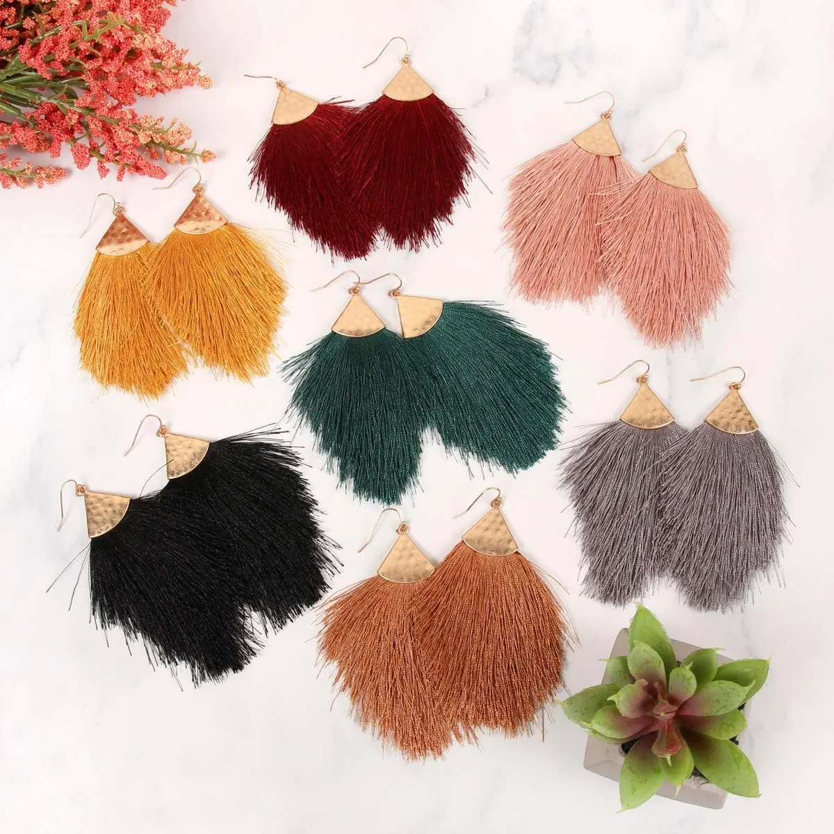 RIAH FASHION Bohemian Silky Thread Tassel Statement Drop Earrings - Strand Fringe Lightweight Feather Shape Dangles, Chandelier Duster