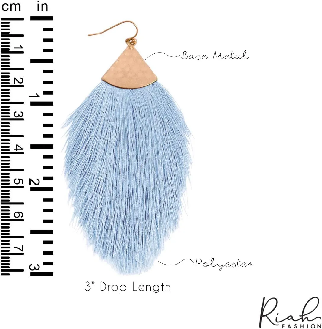 RIAH FASHION Bohemian Silky Thread Tassel Statement Drop Earrings - Strand Fringe Lightweight Feather Shape Dangles, Chandelier Duster
