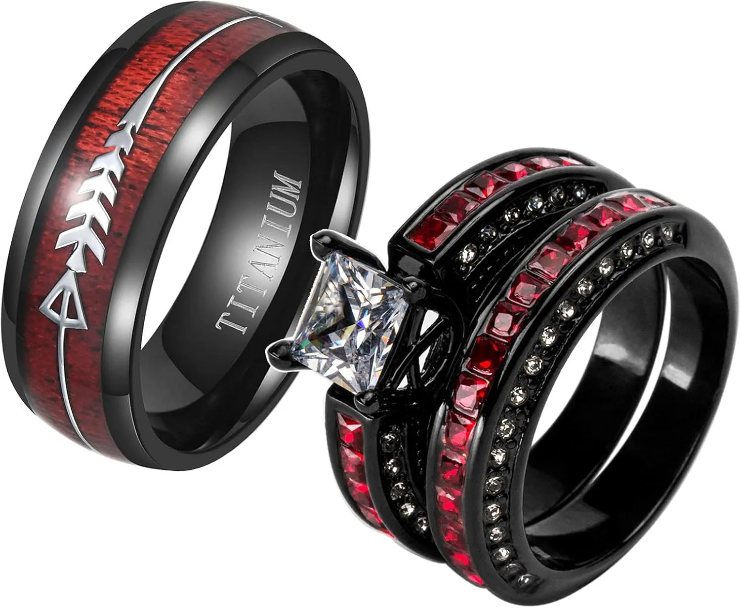 ringheart 2 Rings His and Her Ring Couple Rings Matching Ring 1ct aaa CZ Womens Wedding Ring Sets Titanium steel Mens Wedding Bands