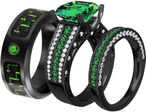 ringheart 2 Rings His and Hers Couple Rings Black Gold Filled Womens Wedding Ring Sets Princess Cut Green Cz Titanium Steel Mens Ring