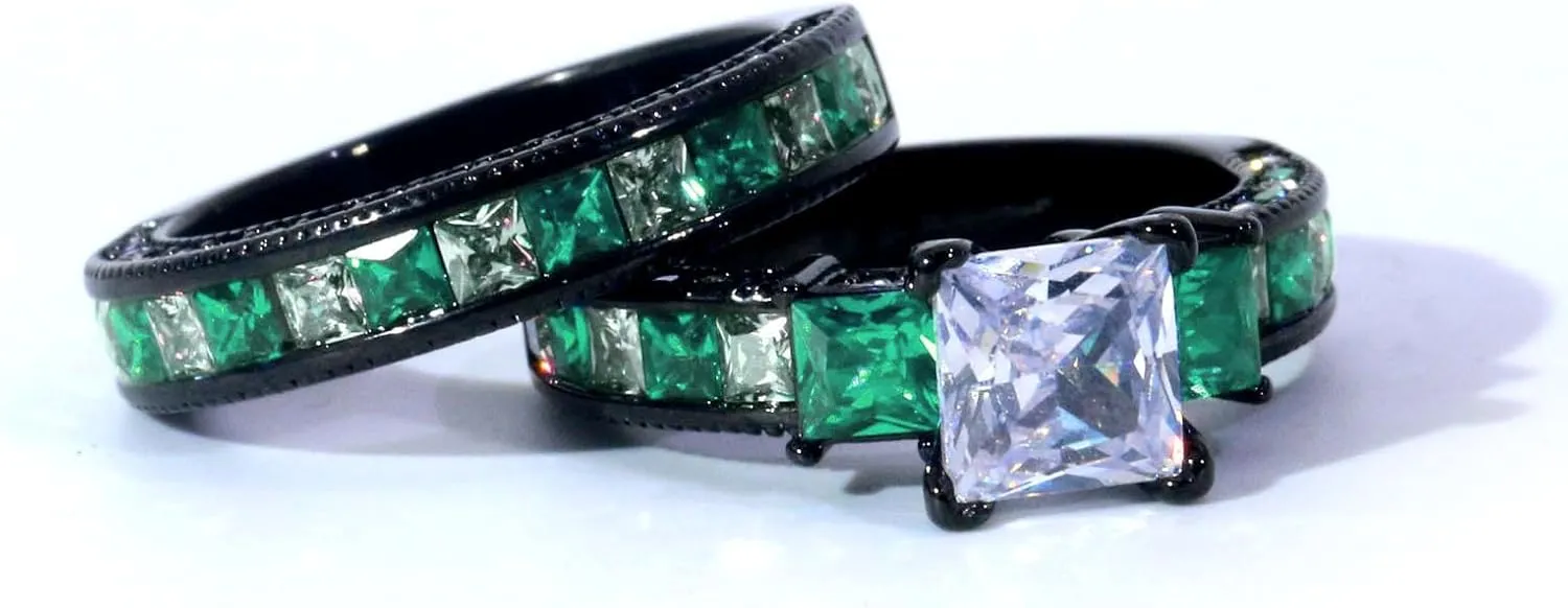 ringheart Couple Rings Black Matching Ring 1.5CT AAA CZ 2pcs Women Wedding Ring Sets for Him and Her Rings Men Band