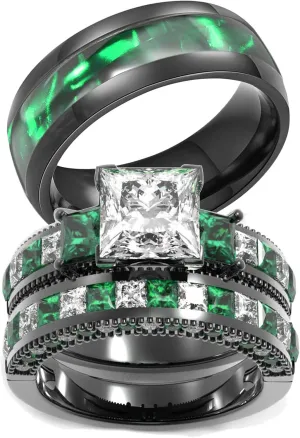 ringheart Couple Rings Black Matching Ring 1.5CT AAA CZ 2pcs Women Wedding Ring Sets for Him and Her Rings Men Band