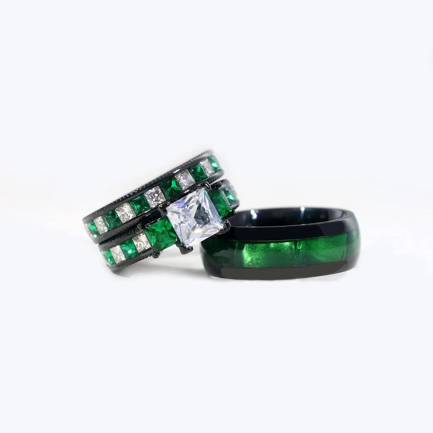 ringheart Couple Rings Black Matching Ring 1.5CT AAA CZ 2pcs Women Wedding Ring Sets for Him and Her Rings Men Band