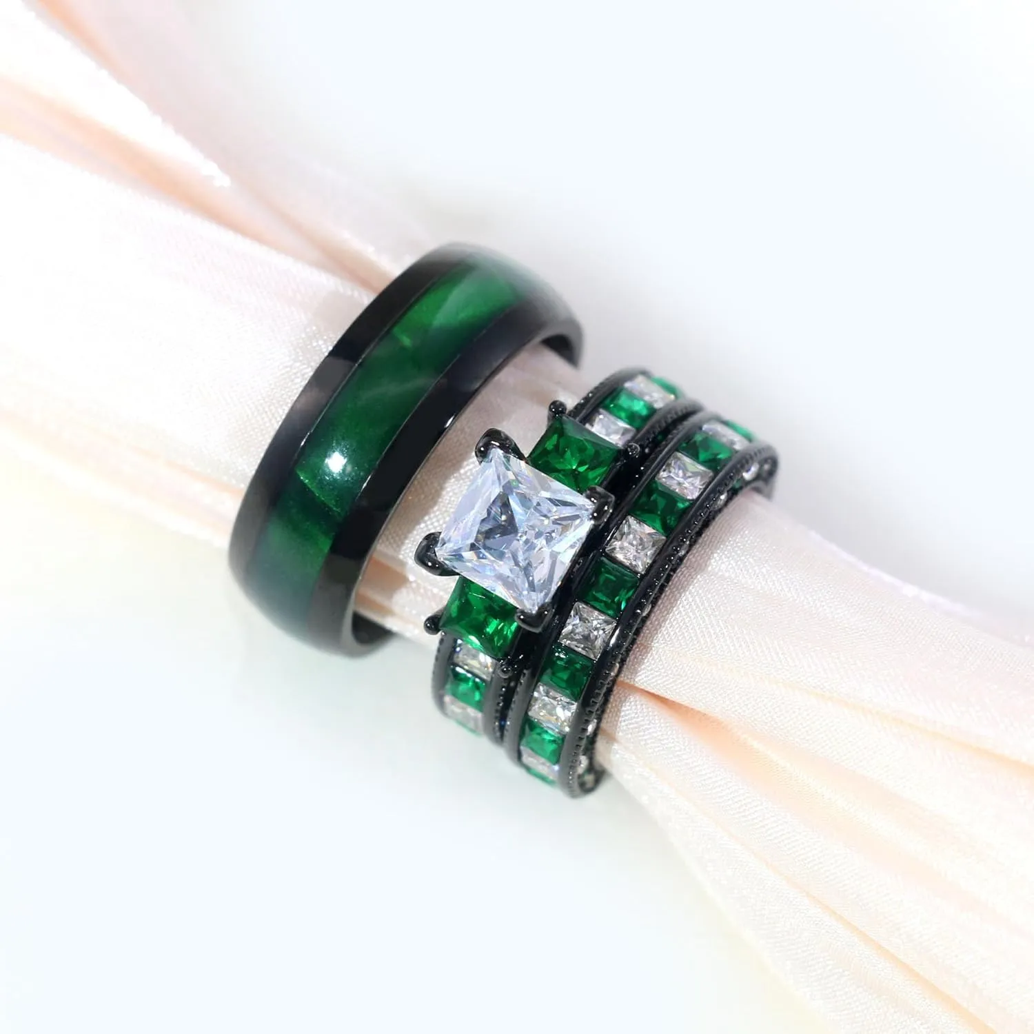 ringheart Couple Rings Black Matching Ring 1.5CT AAA CZ 2pcs Women Wedding Ring Sets for Him and Her Rings Men Band