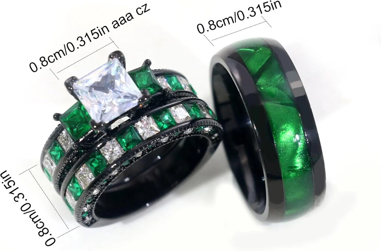 ringheart Couple Rings Black Matching Ring 1.5CT AAA CZ 2pcs Women Wedding Ring Sets for Him and Her Rings Men Band