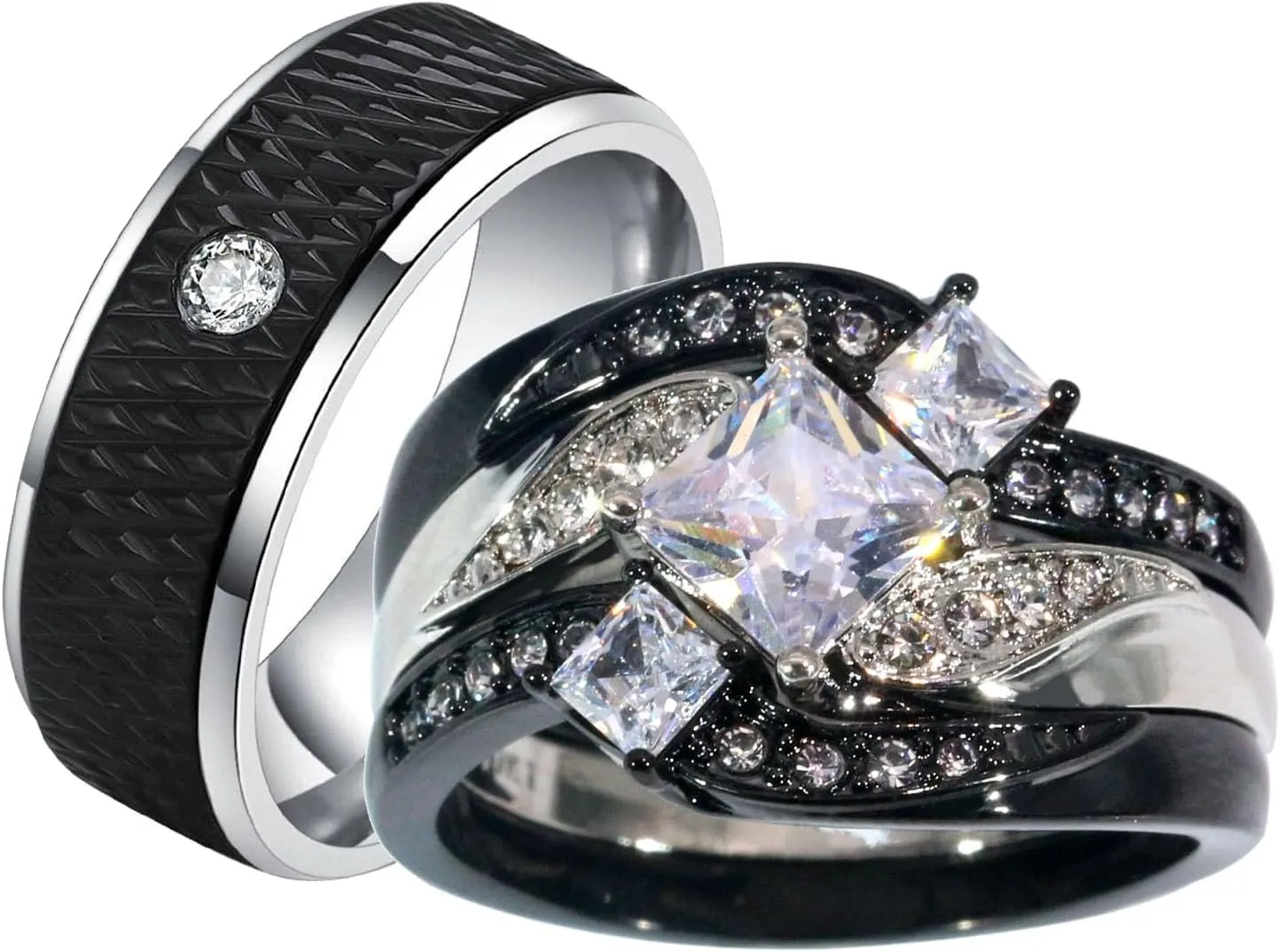 ringheart Couple Rings Black Matching Ring 1.5CT AAA CZ 3pcs Women Wedding Ring Sets for Him and Her Rings Men Band