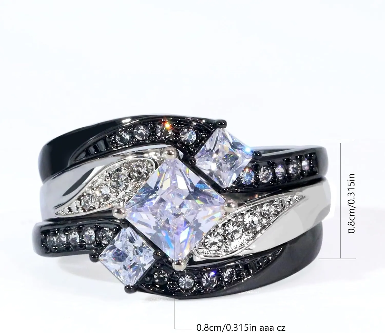 ringheart Couple Rings Black Matching Ring 1.5CT AAA CZ 3pcs Women Wedding Ring Sets for Him and Her Rings Men Band