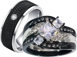 ringheart Couple Rings Black Matching Ring 1.5CT AAA CZ 3pcs Women Wedding Ring Sets for Him and Her Rings Men Band