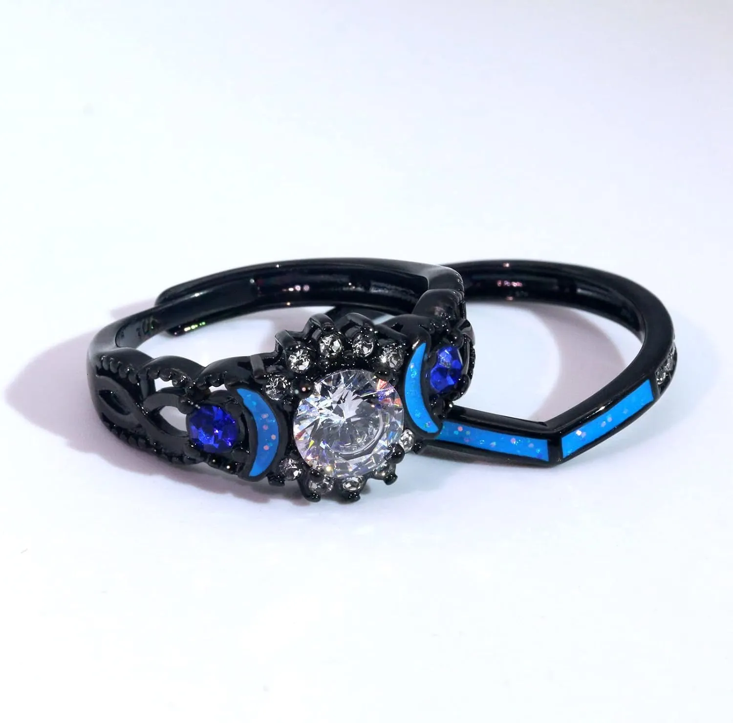 ringheart Couple Rings Black Matching Ring 1.5ct CZ Women Wedding Ring Sets for Him and Her Ring Sets Moon Ring