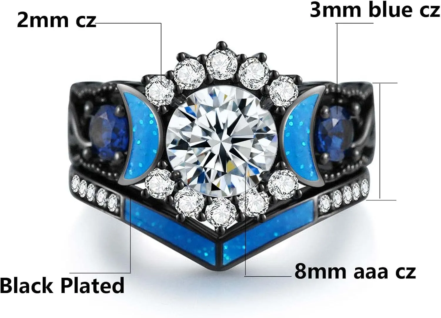 ringheart Couple Rings Black Matching Ring 1.5ct CZ Women Wedding Ring Sets for Him and Her Ring Sets Moon Ring