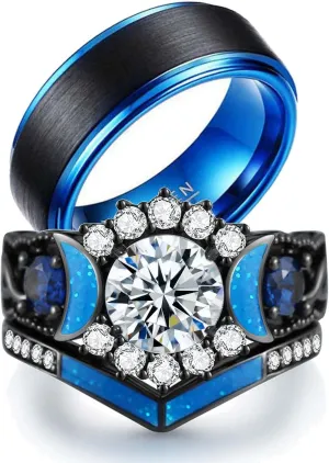 ringheart Couple Rings Black Matching Ring 1.5ct CZ Women Wedding Ring Sets for Him and Her Ring Sets Moon Ring