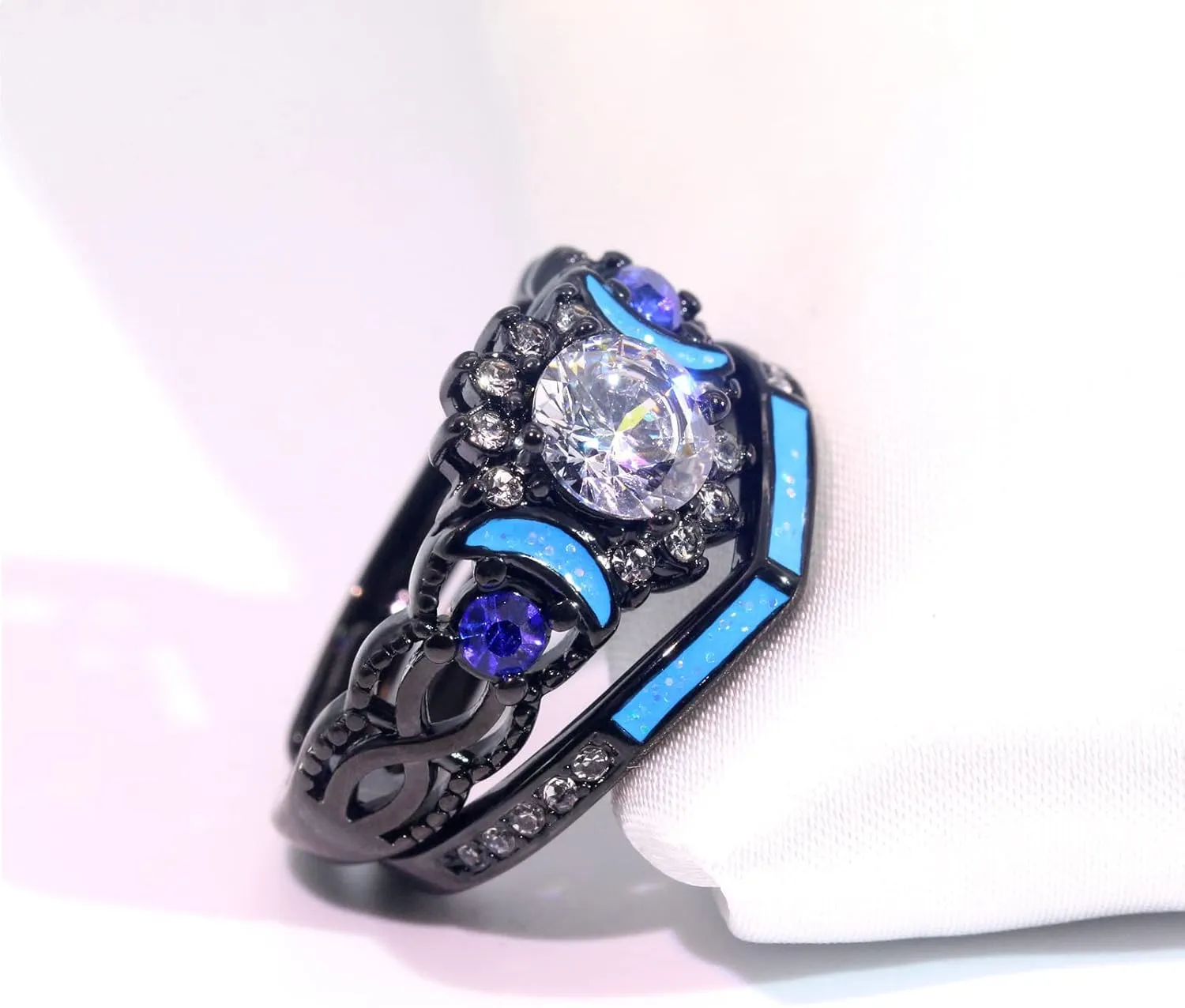 ringheart Couple Rings Black Matching Ring 1.5ct CZ Women Wedding Ring Sets for Him and Her Ring Sets Moon Ring