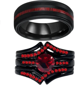 ringheart Couple Rings Black Matching Ring 1CT Red CZ 3pcs Women Wedding Ring Sets for Him and Her Rings Men Band
