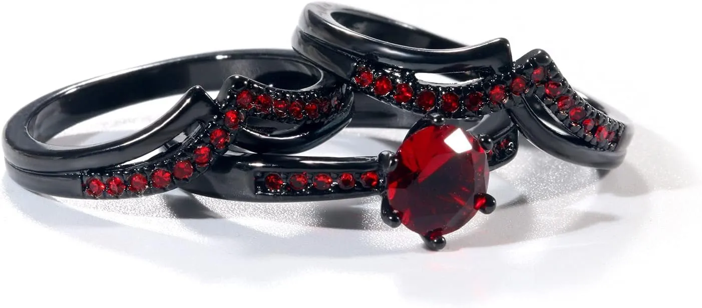 ringheart Couple Rings Black Matching Ring 1CT Red CZ 3pcs Women Wedding Ring Sets for Him and Her Rings Men Band