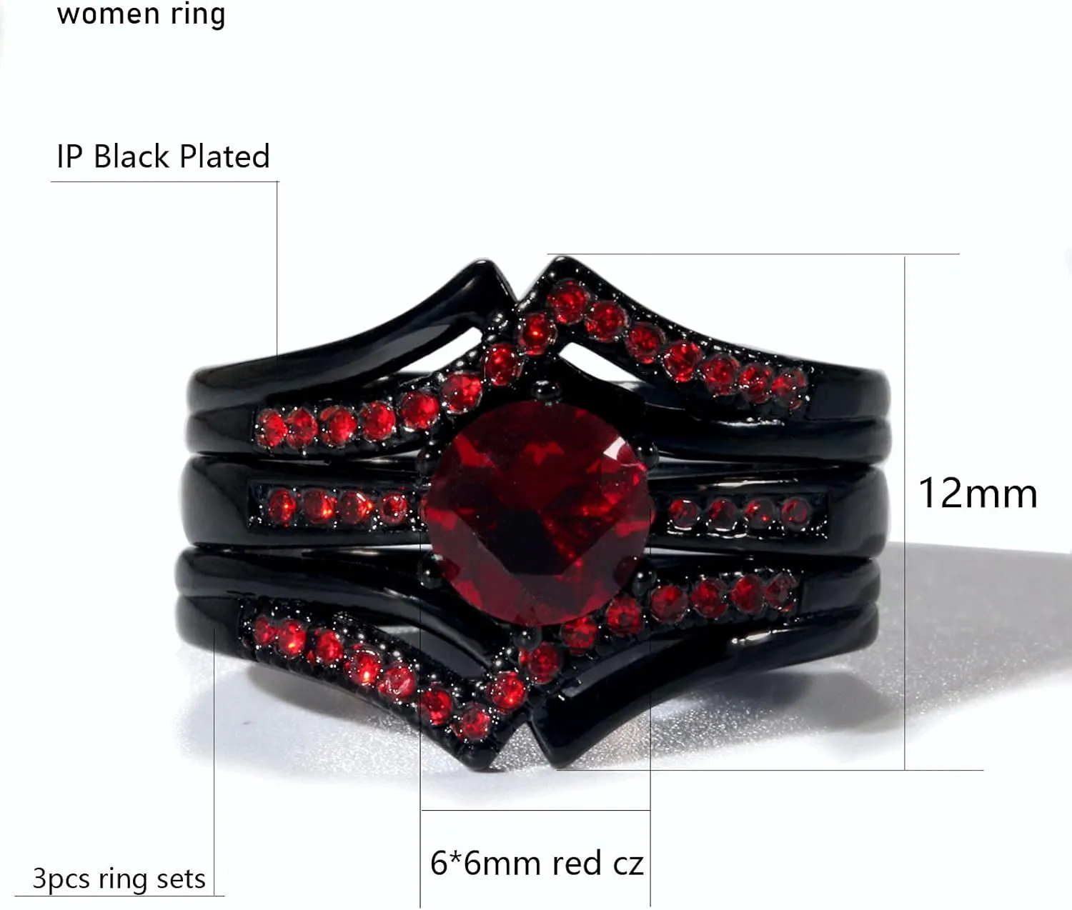 ringheart Couple Rings Black Matching Ring 1CT Red CZ 3pcs Women Wedding Ring Sets for Him and Her Rings Men Band