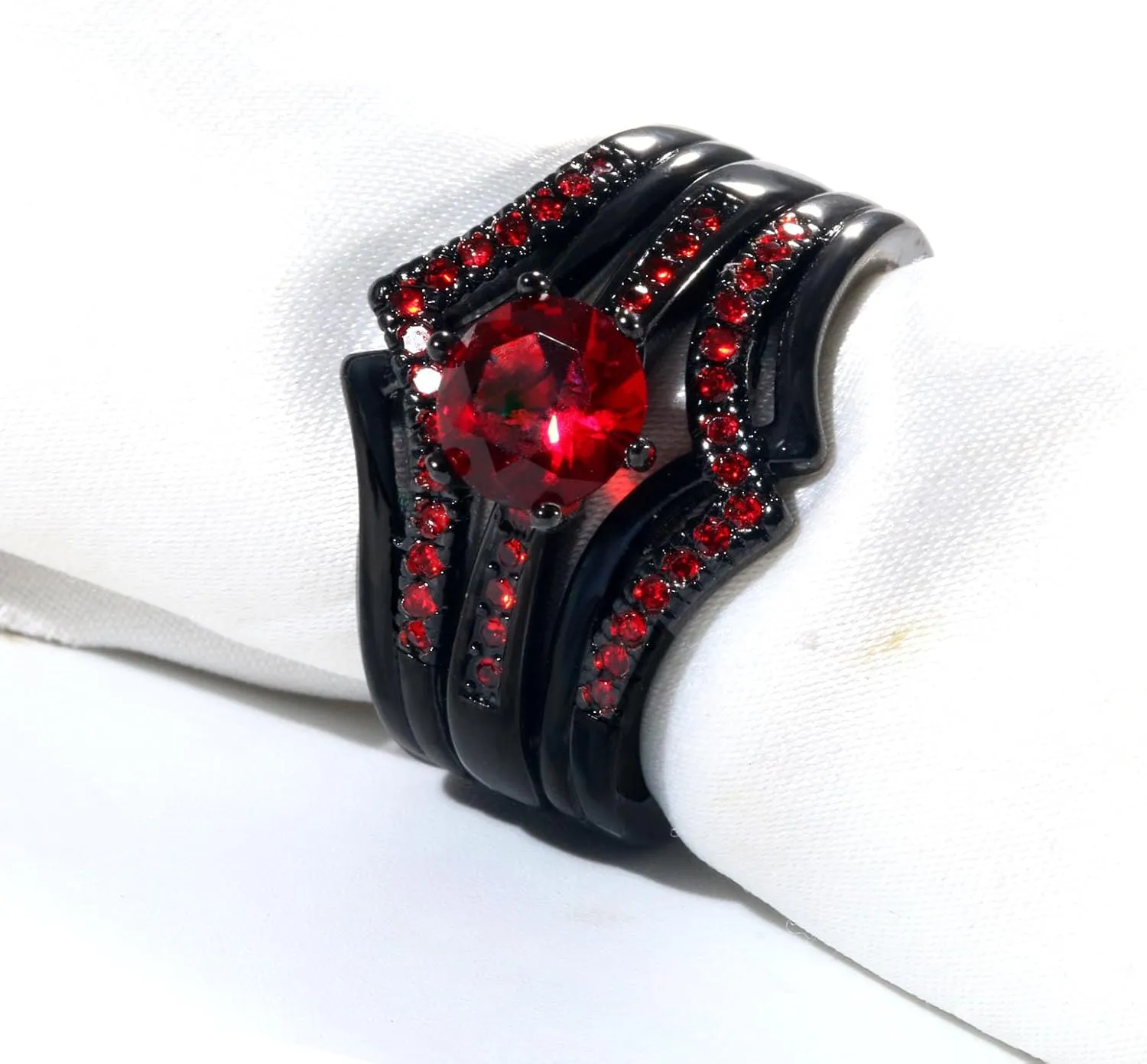 ringheart Couple Rings Black Matching Ring 1CT Red CZ 3pcs Women Wedding Ring Sets for Him and Her Rings Men Band